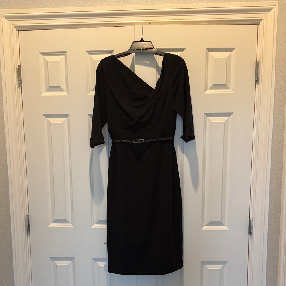 Black Halo Black Cowl-Neck Midi Dress with Slim Belt
